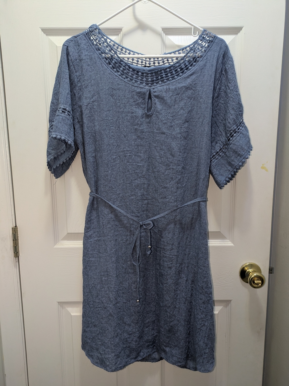 Mlle Gabrielle Blue Crochet-Trim Tunic Dress with Waist Tie